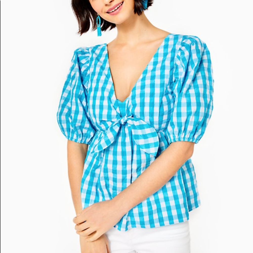 🐬 LILLY PULITZER SARAFINA TURQUOISE OASIS CRINKLE GINGHAM SHORT SLEEVE TOP! - Picture 15 of 15